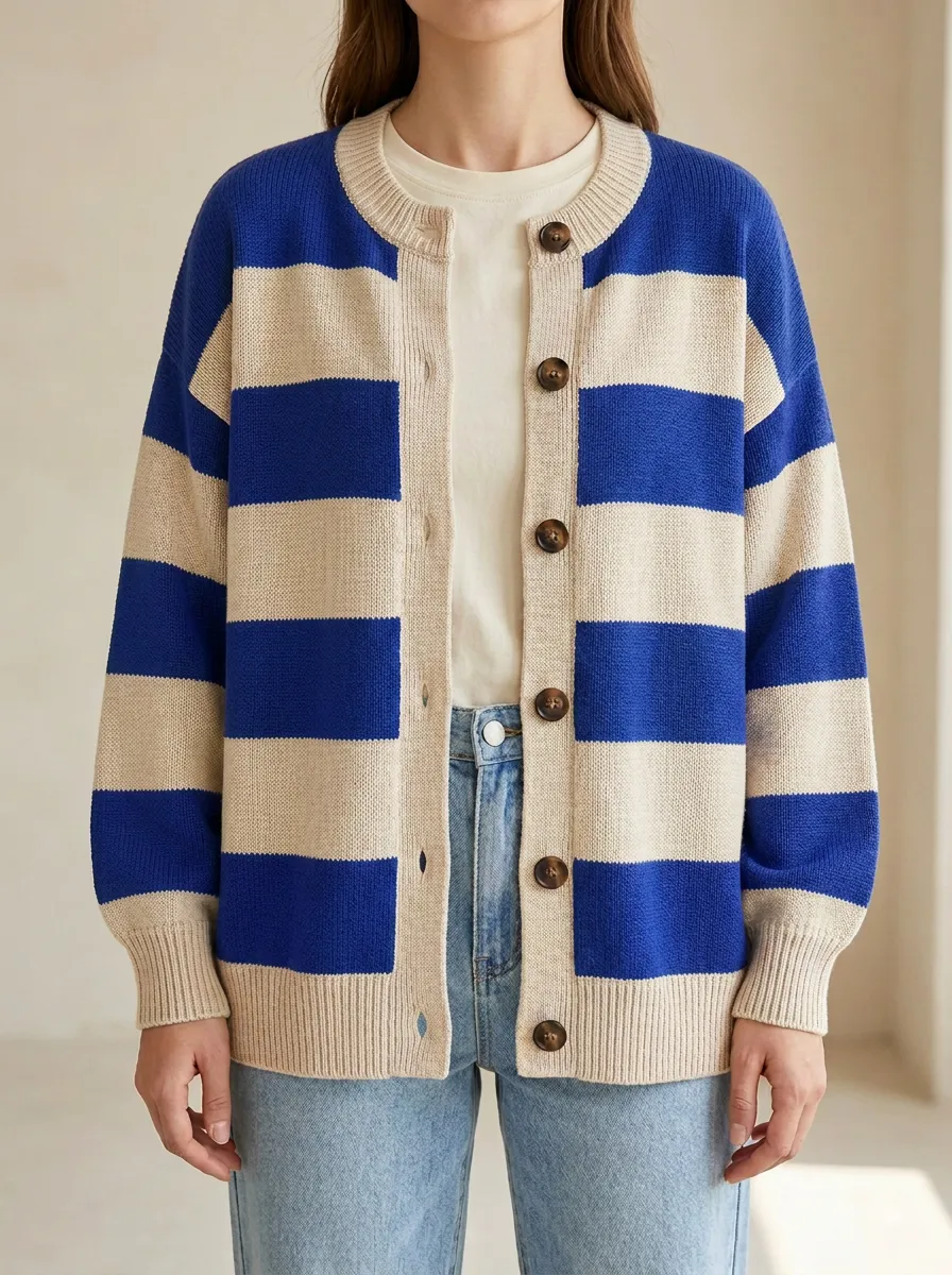 Relaxed Textured Rugby Striped Knit Cardigan