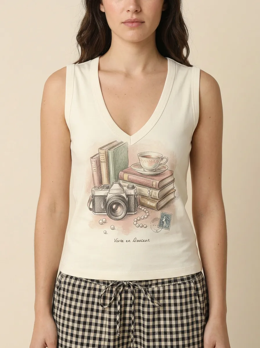 Women's Book Lover Camera Tea Printed V-neck Tank Top