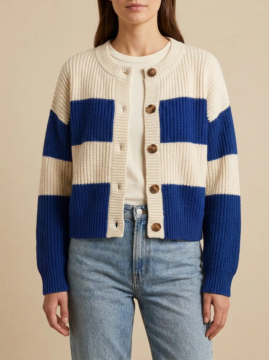 Button Front Rugby Striped Knit Cardigan
