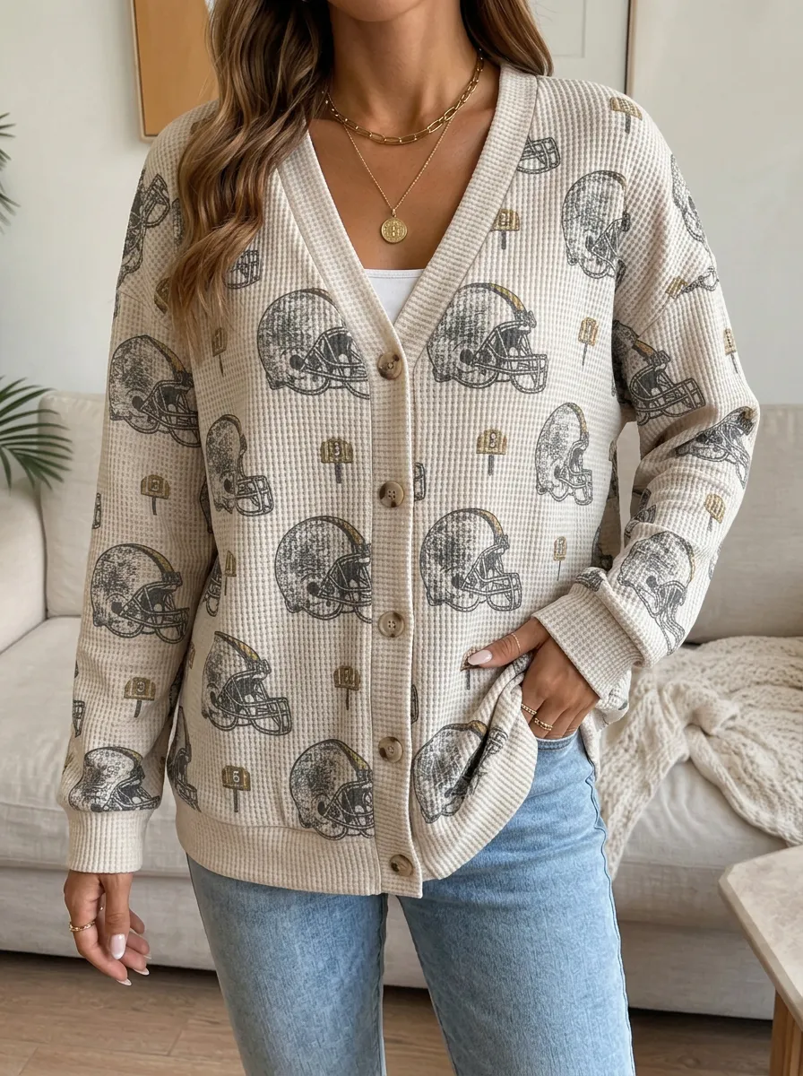 Women's Heritage Football Fan Helmet Pattern Printed Waffle Knit Cardigan