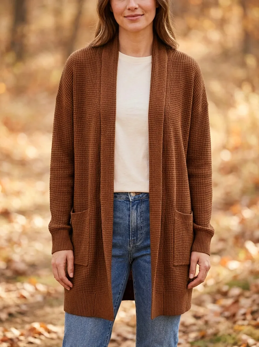 Autumnal Waffle-Knit Knit Cardigan