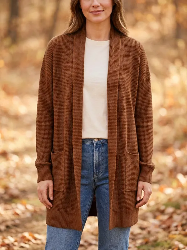 Autumnal Waffle-Knit Knit Cardigan