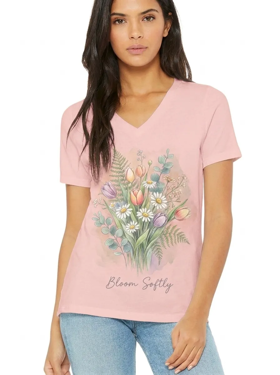 Women's Floral Lover Bloom Softly Watercolor Bouquet Printed V-neck T-shirt