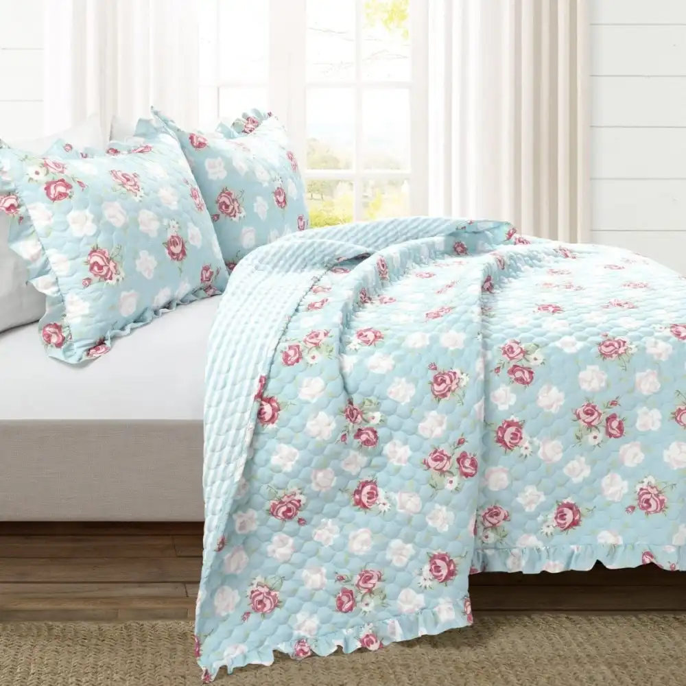 Floral Ruffled Quilt Bedding Set