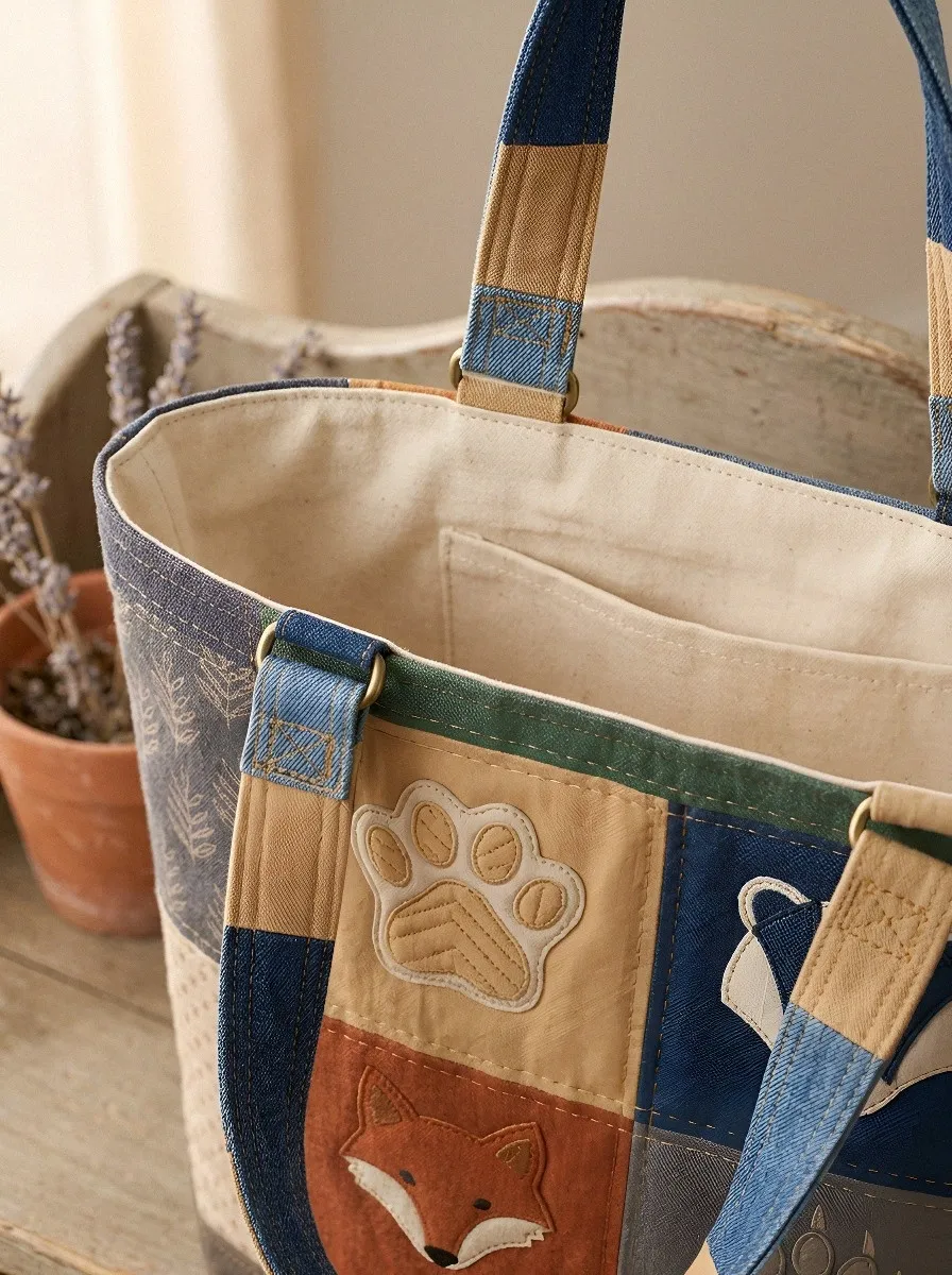 Woodland Animal Patchwork Fox Badger Printed Tote Bag