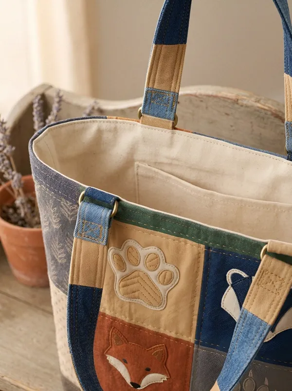 Woodland Animal Patchwork Fox Badger Printed Tote Bag