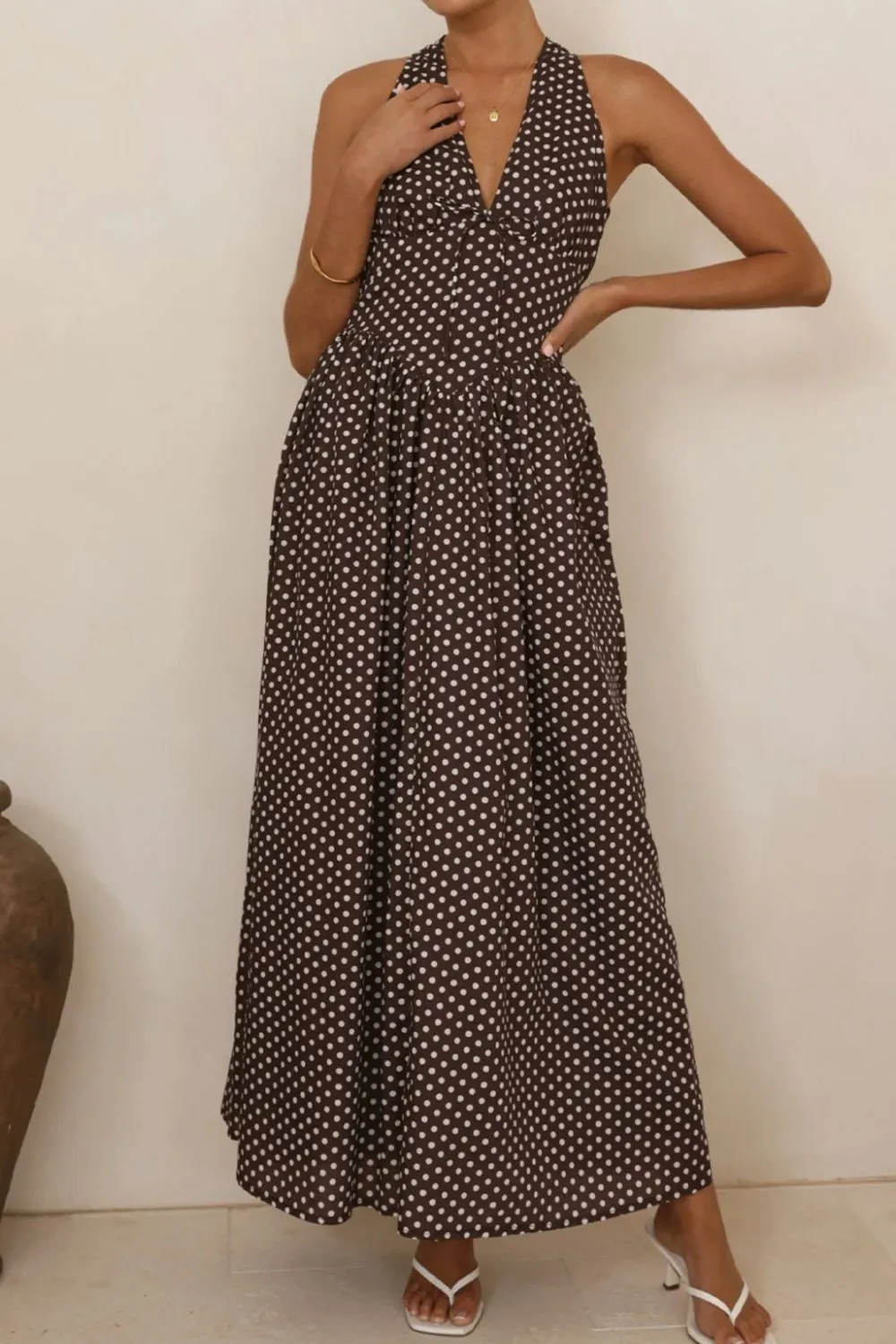 Classic Halter Polka-Dot Maxi Dress
