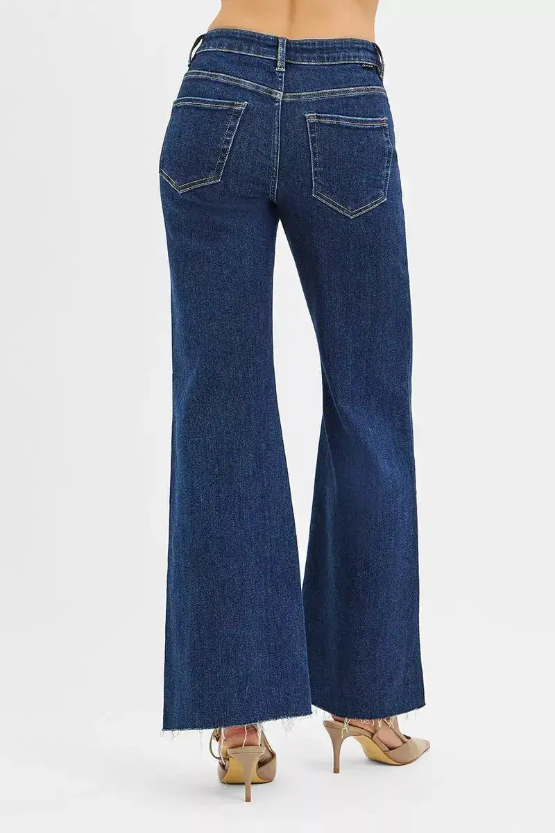 High Rise Flare Raw Hem Pocketed Denim Jeans