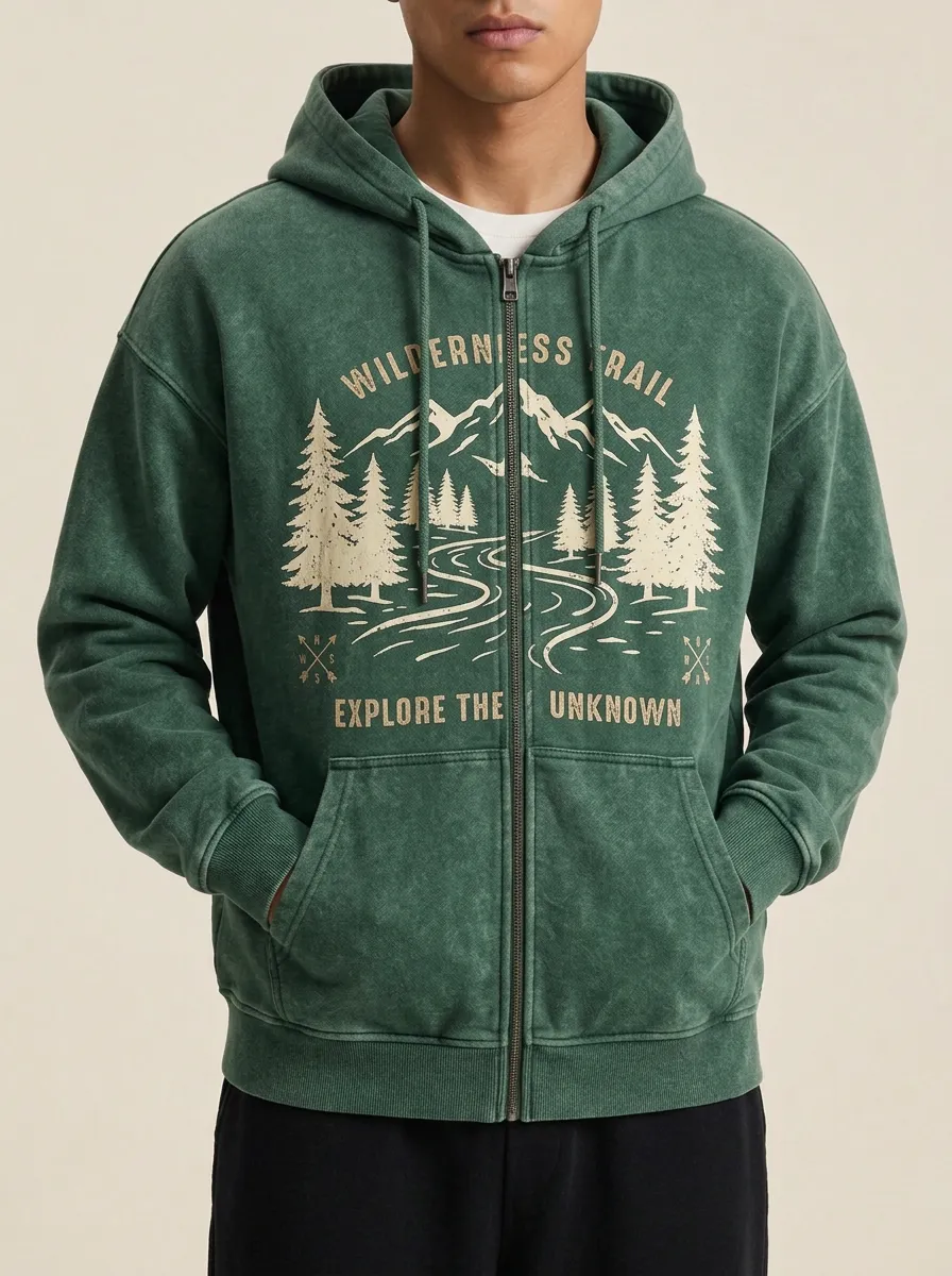 Men's Wilderness Trail Mountain Forest Printed Zip Up Hoodie