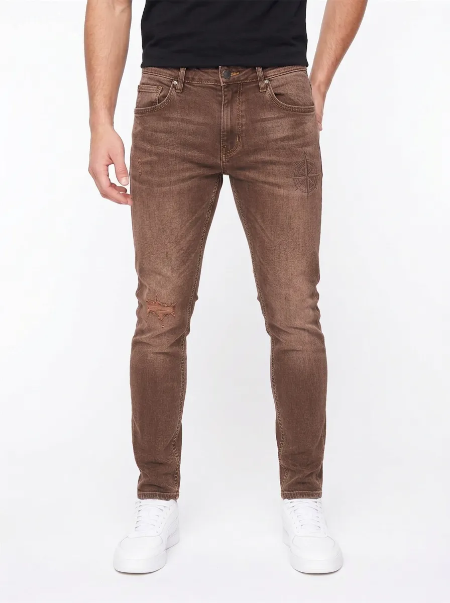 Men's Ridge Compass Graphic Distressed Graphic Slim-Fit Jeans