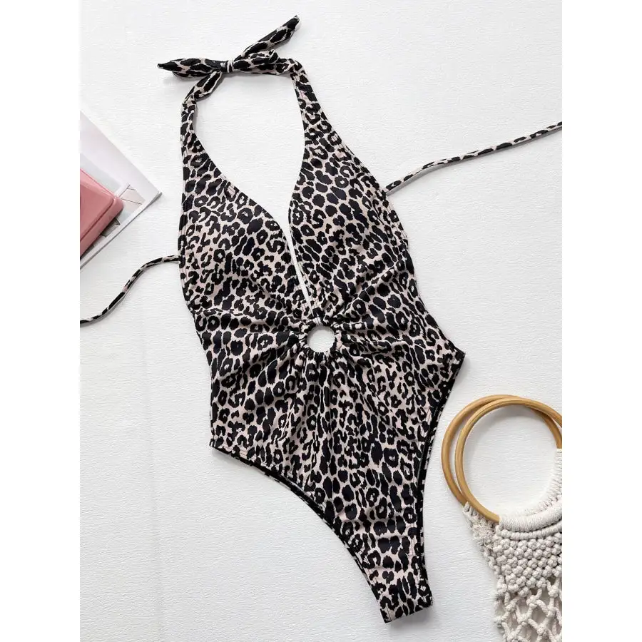 Women's Plunge-Neck Halter Leopard-Print One-Piece Swimsuit