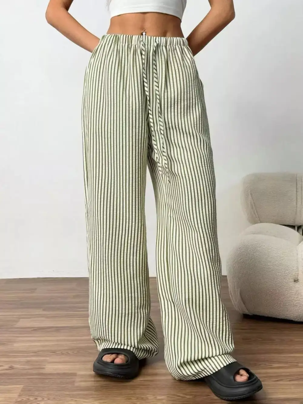Full Size Striped Drawstring Waist Wide Leg Pants Plus Size
