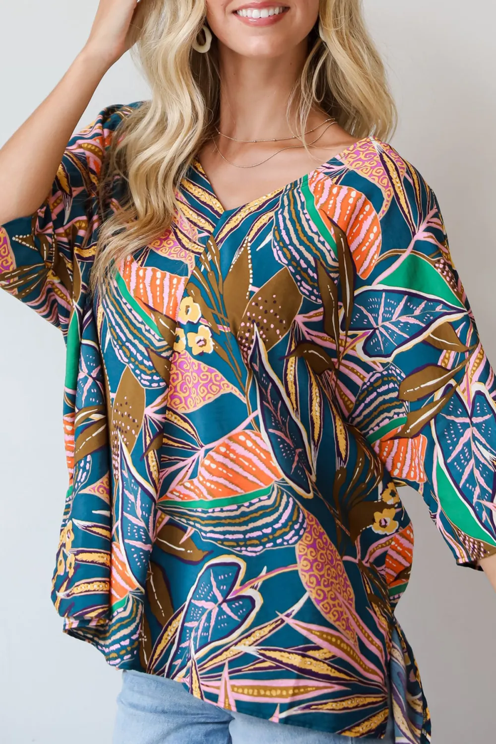 Teal Leaf Print Oversized Blouse