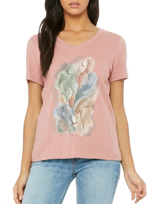 Women's Botanical Moon Watercolor Printed V-neck T-shirt
