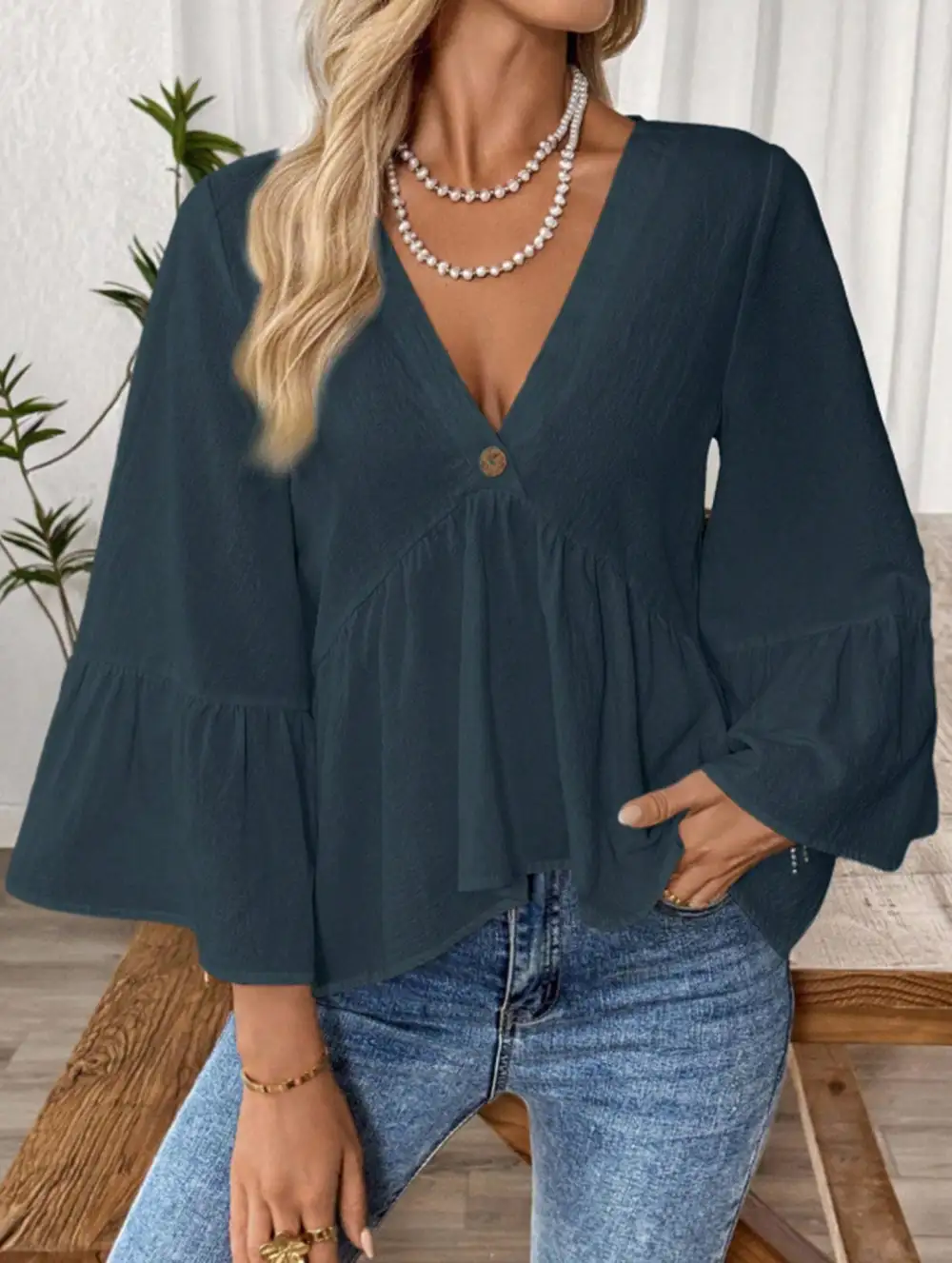 V Neck Ruffle Sleeve Cotton Blouse