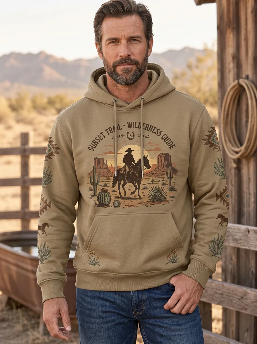 Men's Western Cowboy Sunset Sun Graphic Hoodie
