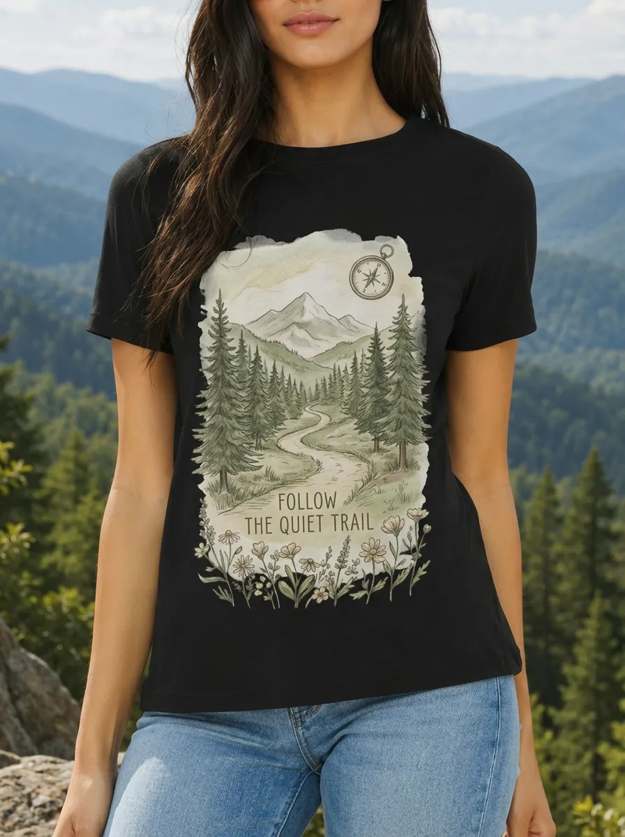 Women's Nature Hiking Lover Mountain Forest Compass Printed T-shirt