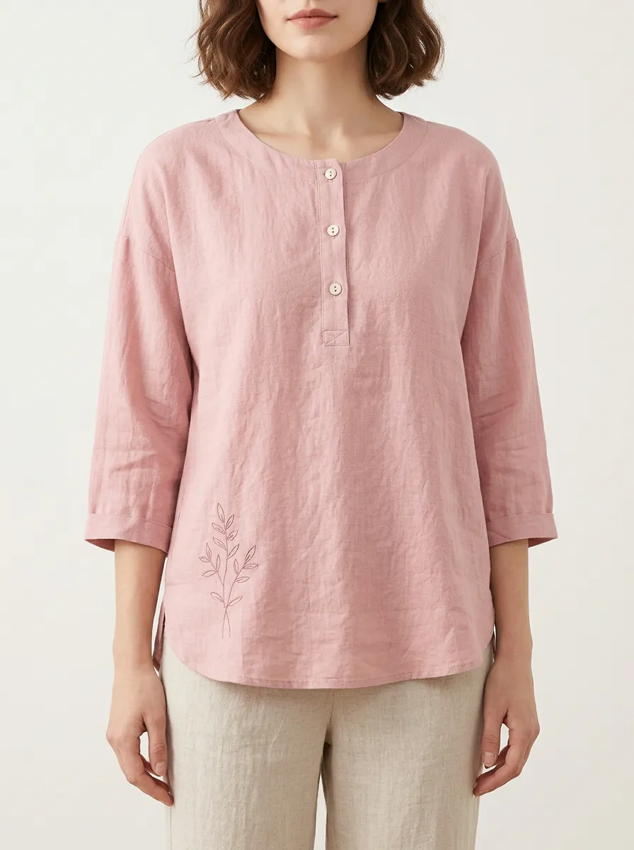 Women's Pink Botanical Leaf Embroidered Printed Cotton And Linen Top