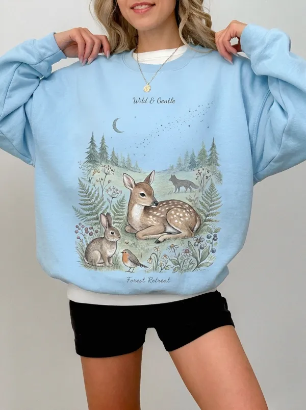 Women's Nature Lover Forest Animal Deer Rabbit Printed Sweatshirt