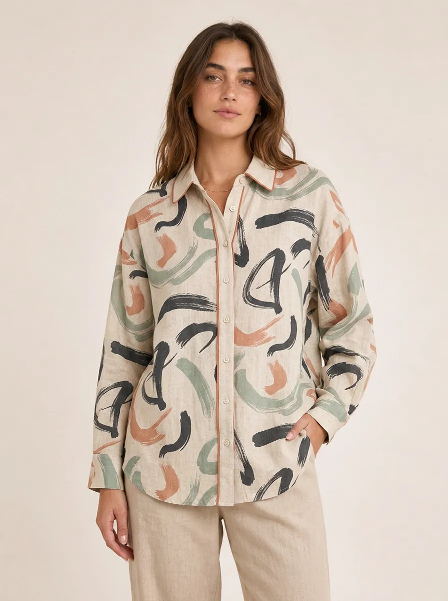 Women's Abstract Art Brushstroke Printed Linen Button-down Shirt