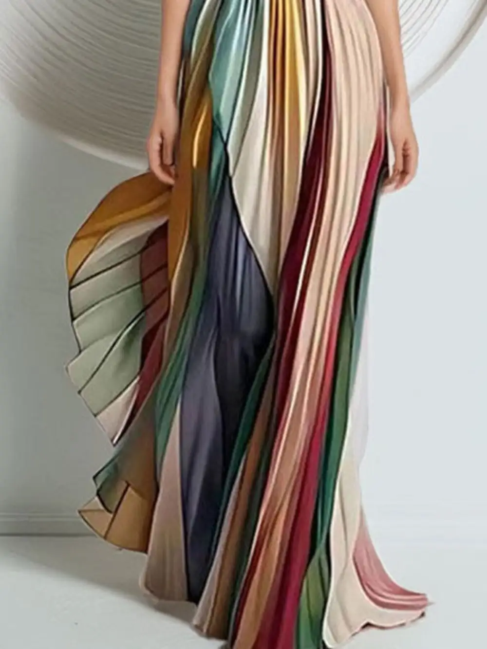 Pleated Strapless Striped Maxi Dress