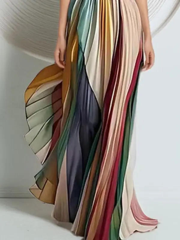 Pleated Strapless Striped Maxi Dress