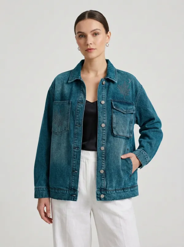 Women's Celestial Botanical Moon Leaf Pattern Denim Jacket