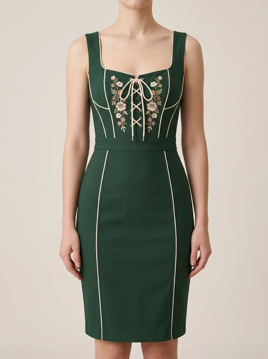 Women's Floral Lace-Up Embroidered Bodycon Dress