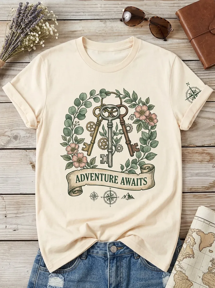 Adventure Awaits Floral Key Compass T-Shirt