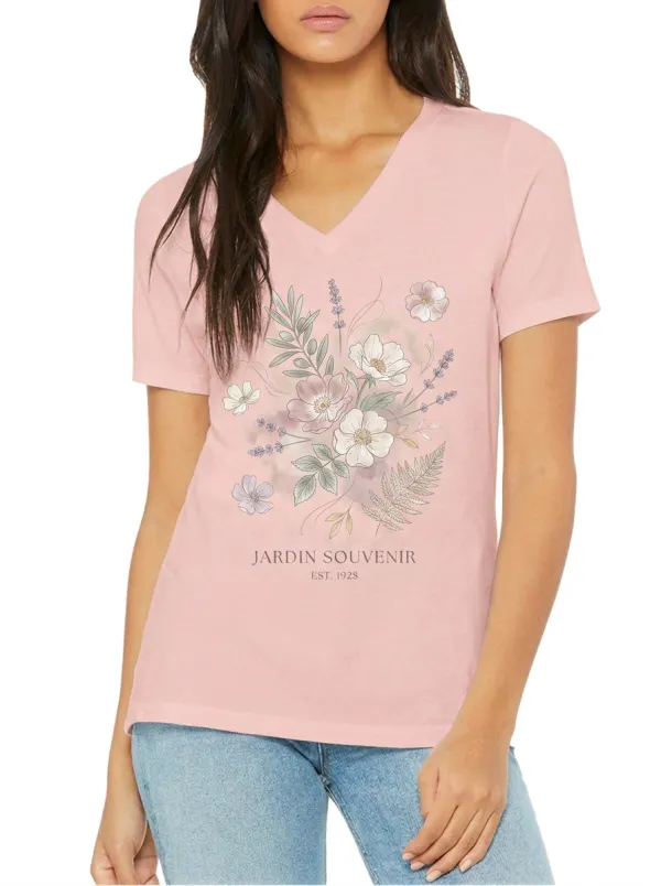 Women's Botanical Garden Lover Jardin Souvenir Floral Printed V-neck T-shirt