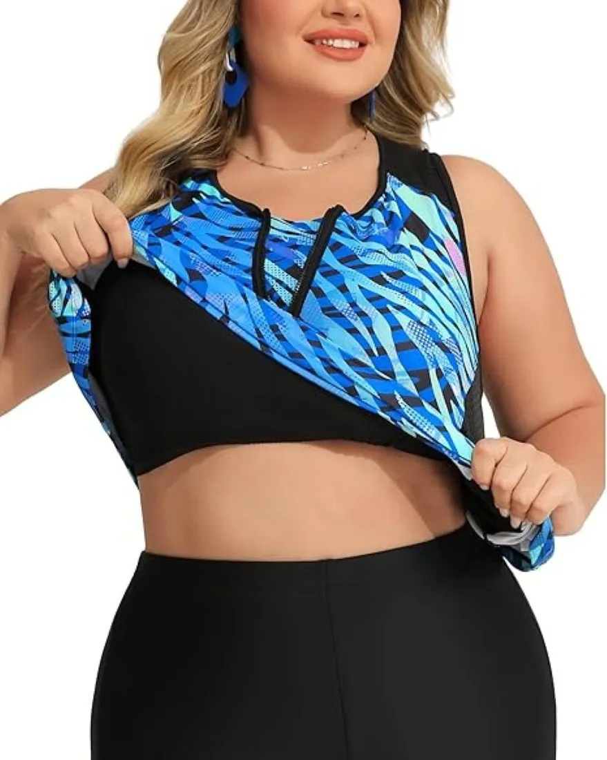 Mesh Scoop Neck Zipper Tankini Top