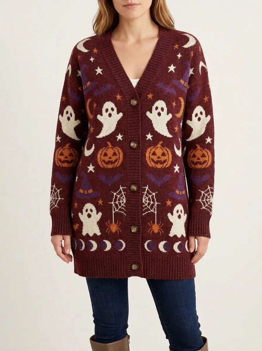 Women's Halloween Ghost Pumpkin Pattern Cardigan