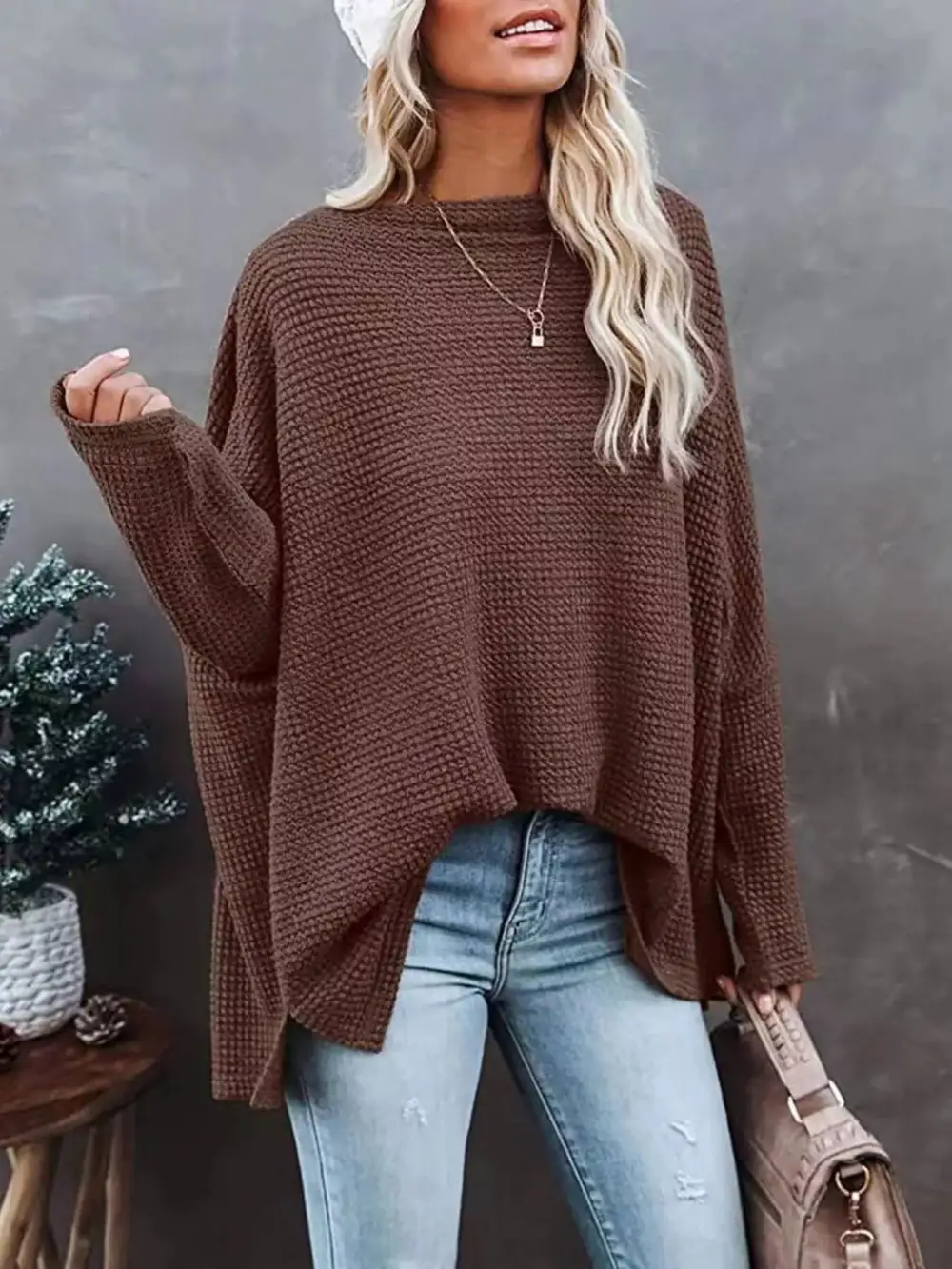 Waffle Knit Boat Neck Sweater