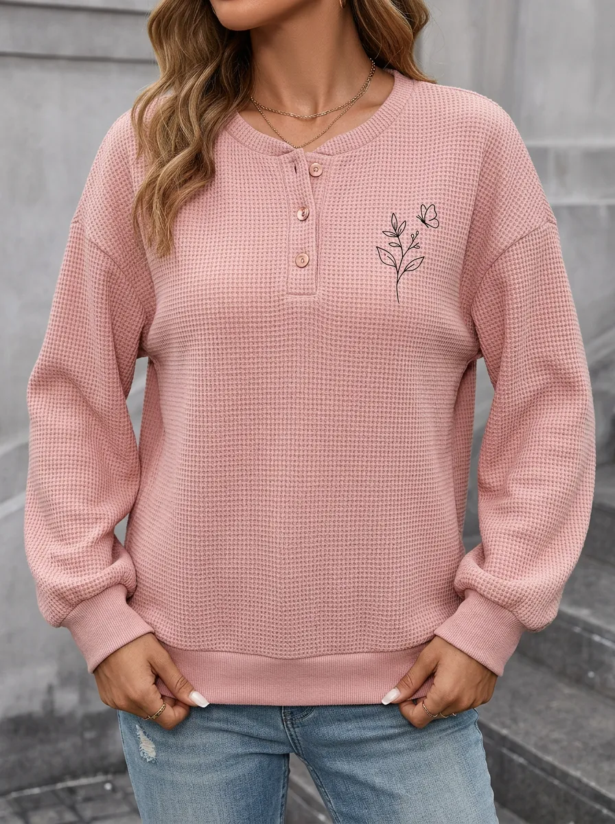 Women's Minimalist Butterfly Floral Printed Waffle Knit Henley Shirt