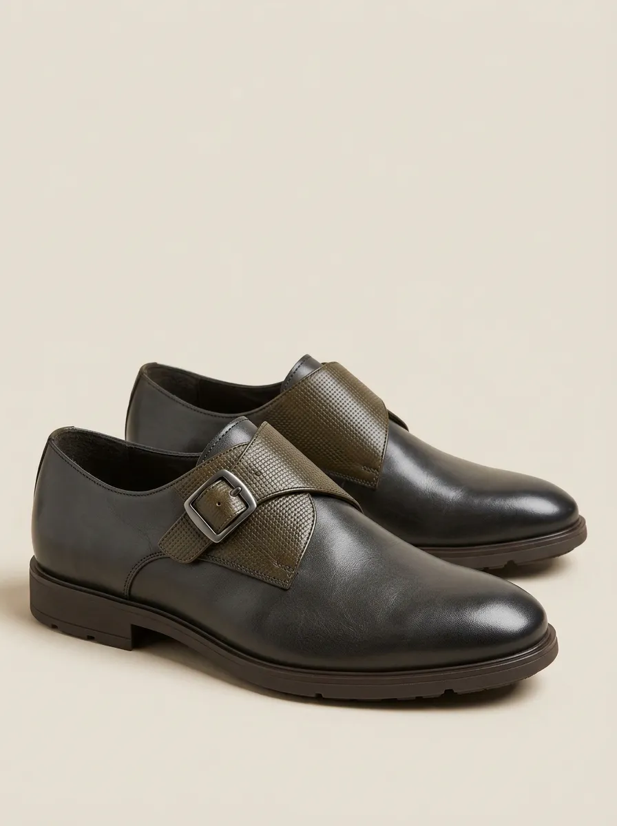 Men's Business Casual Textured Buckle Monk Strap Leather Shoes