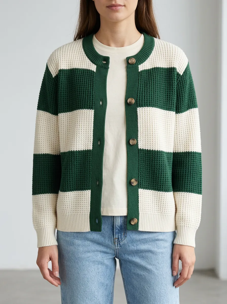 Rugby Striped Waffle Knit Cardigan