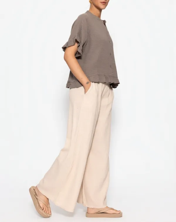 Beige Muslin Wide Leg Pants