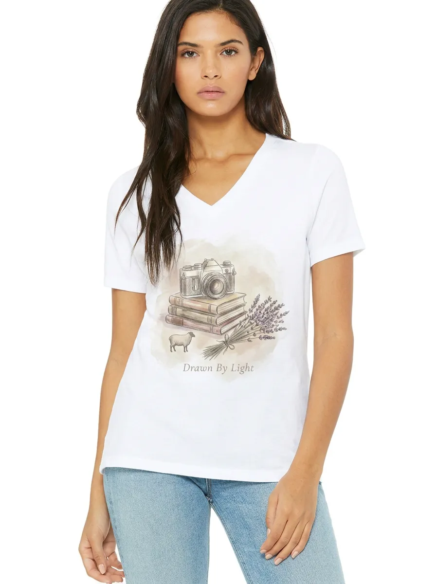 Women's Photography Book Lover Lavender Sheep Printed V-neck T-shirt