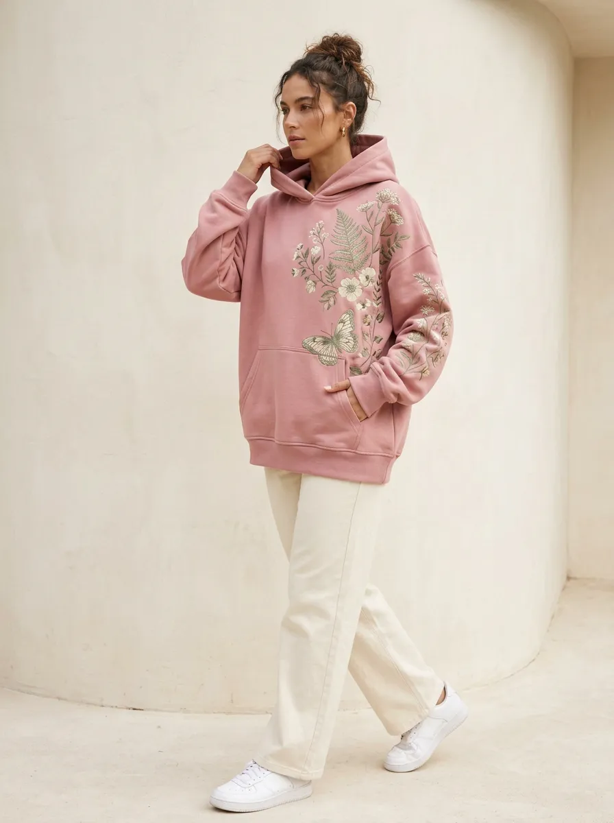 Women's Botanical Butterfly Pink Floral Printed Hoodie