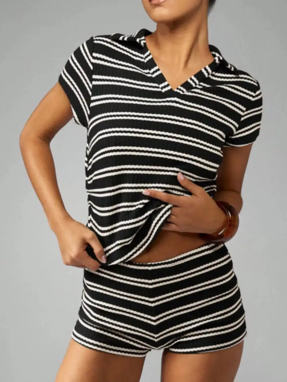 Striped Knit Short Sleeve Top Shorts Set