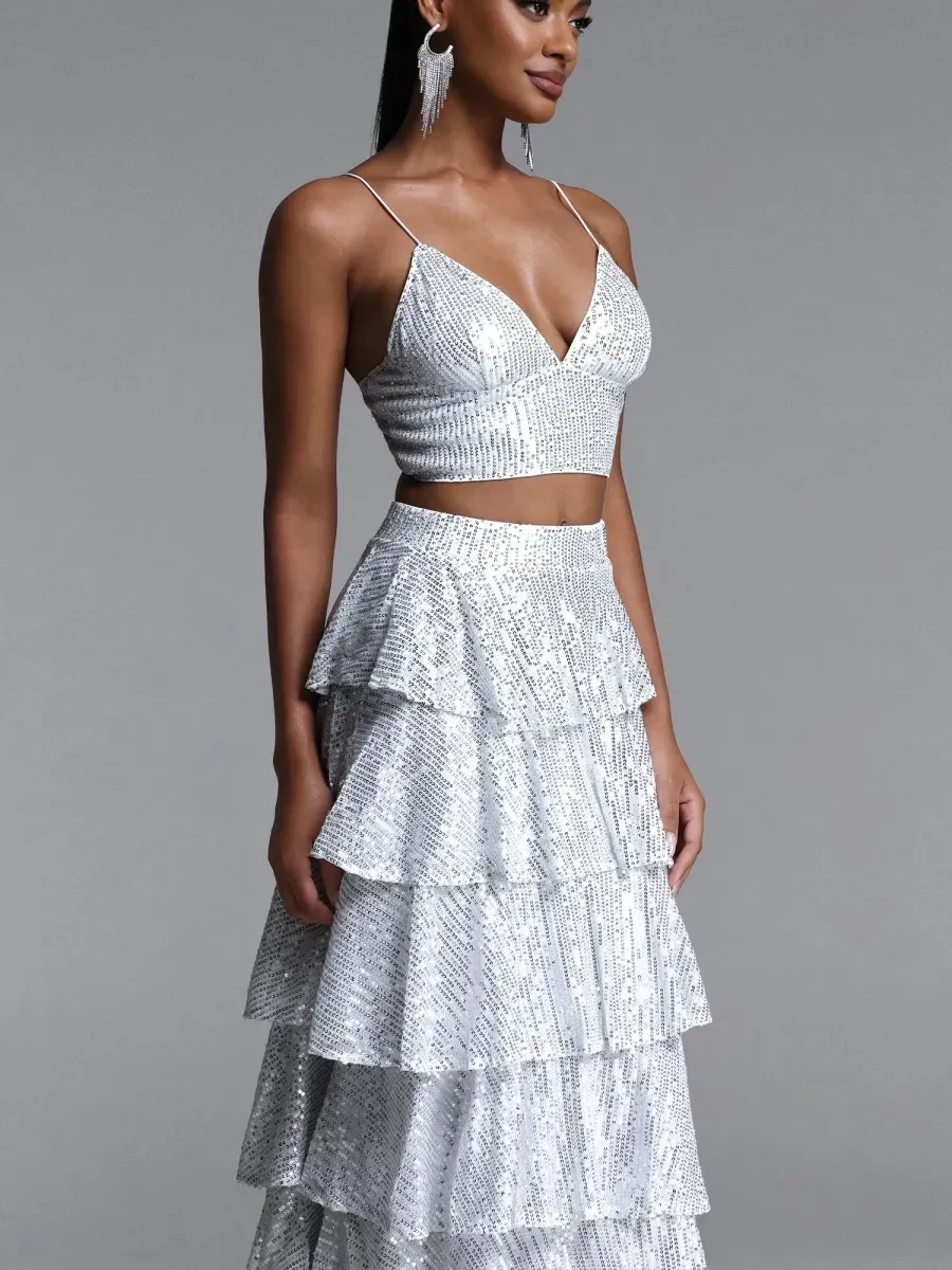 Seraphina   Sequin Cami & Tiered Ruffle Maxi Skirt Set