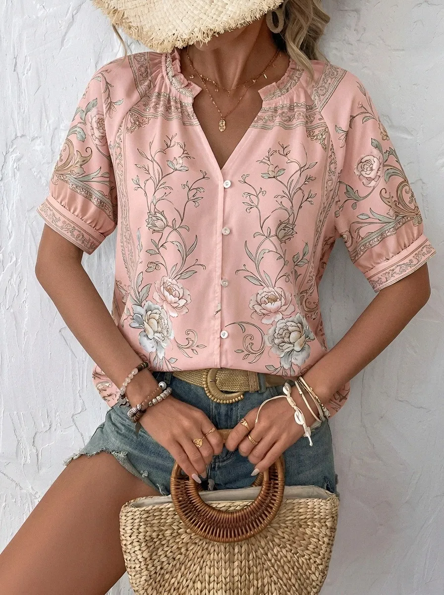 Women's Bohemian Floral Pattern Printed Button-Down Blouse