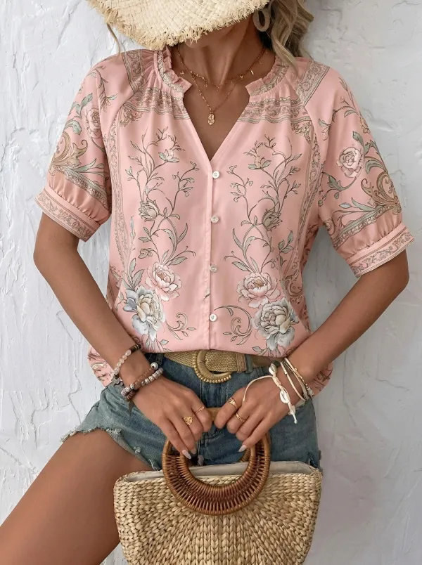 Women's Bohemian Floral Pattern Printed Button-Down Blouse