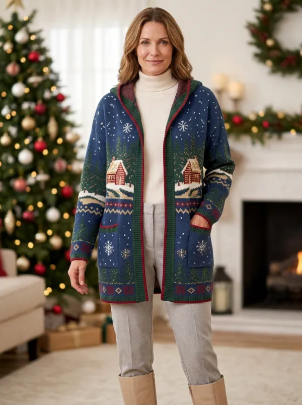 Christmas Cabin Pine Tree Pattern Print Hooded Cardigan