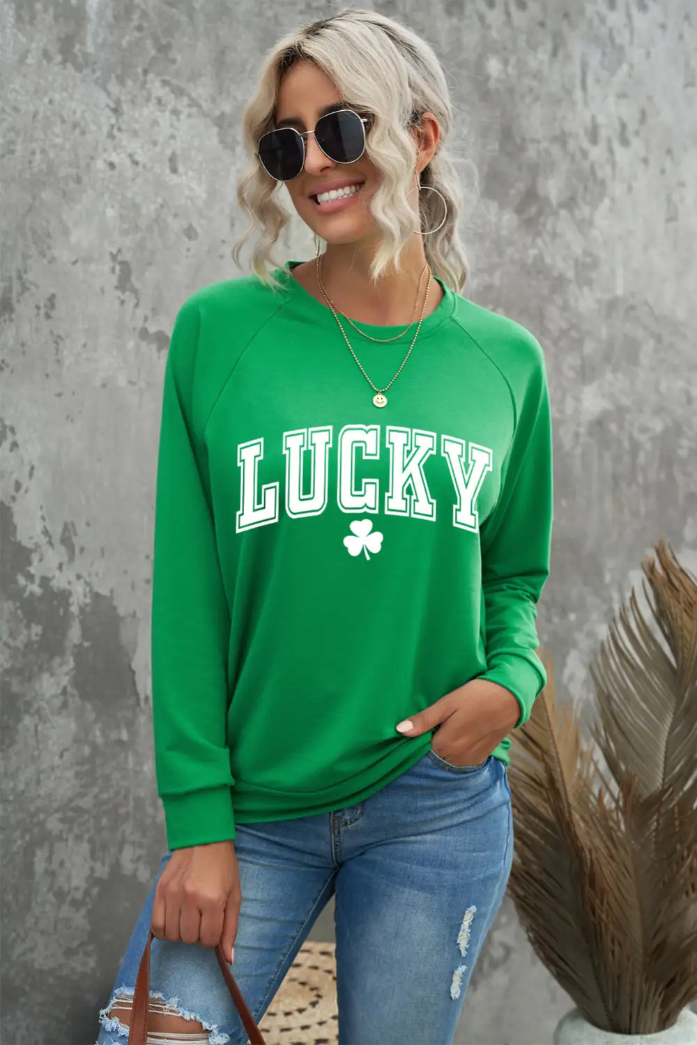 St Patricks LUCKY Clover Print Raglan Sleeve Sweatshirt