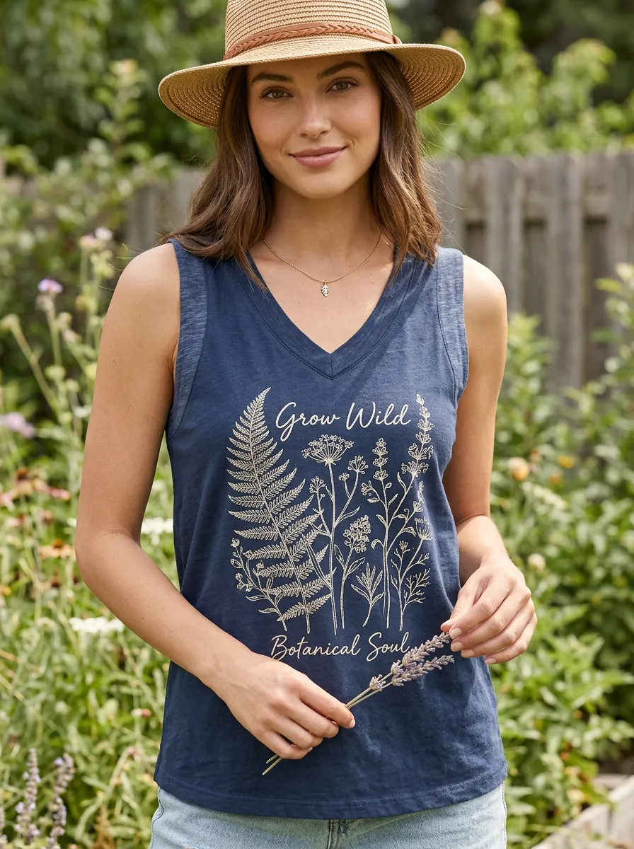Women's Nature Lover Grow Wild Botanical Fern Printed Tank Top