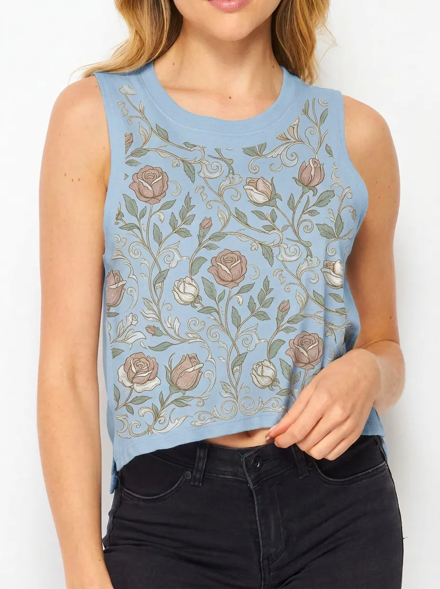 Women's Vintage Floral Rose Vine Printed Crop Tank Top
