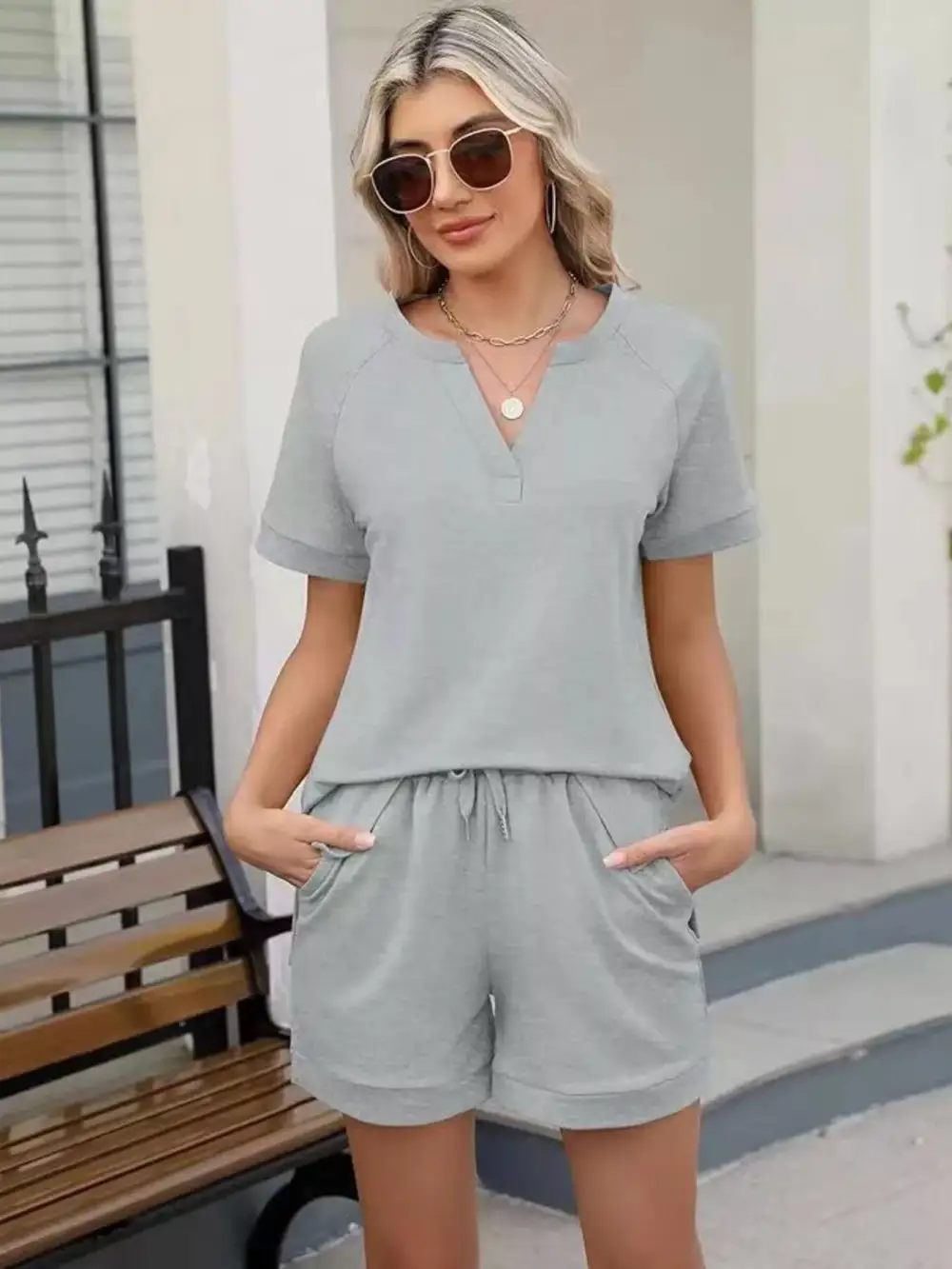 Short Sleeve Top Shorts Two Piece Set