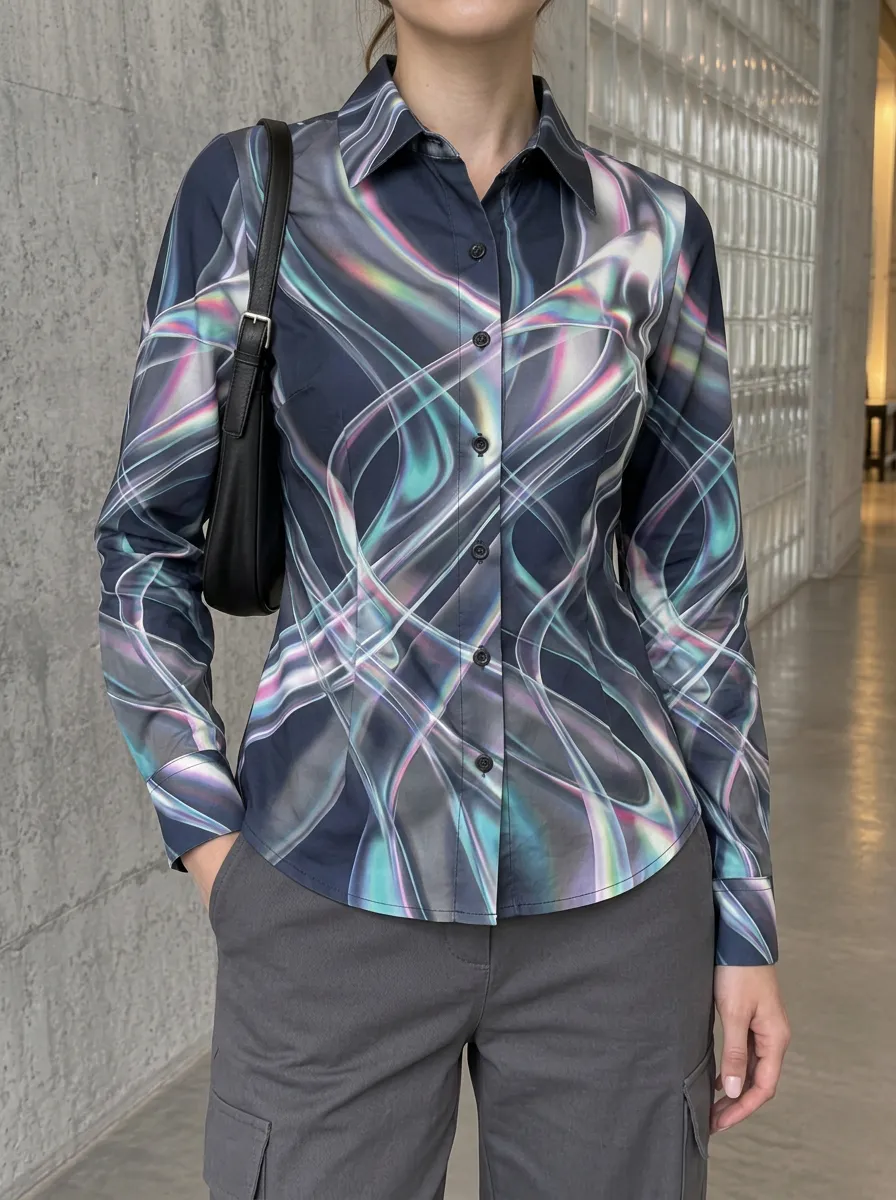 Women's Abstract Holographic Swirl Printed Shirt