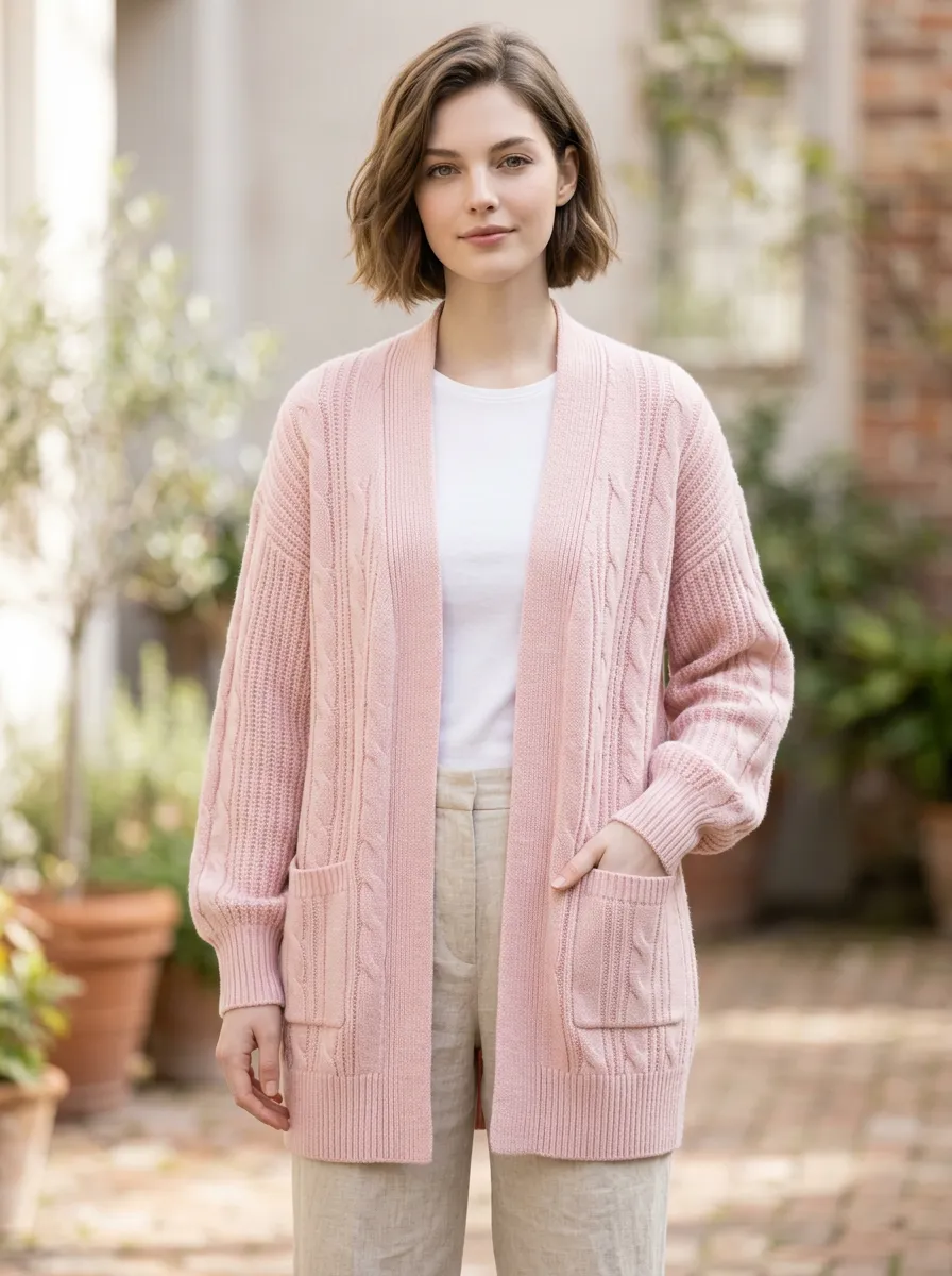 Women's Casual Pink Cable Knit Open Front Cardigan